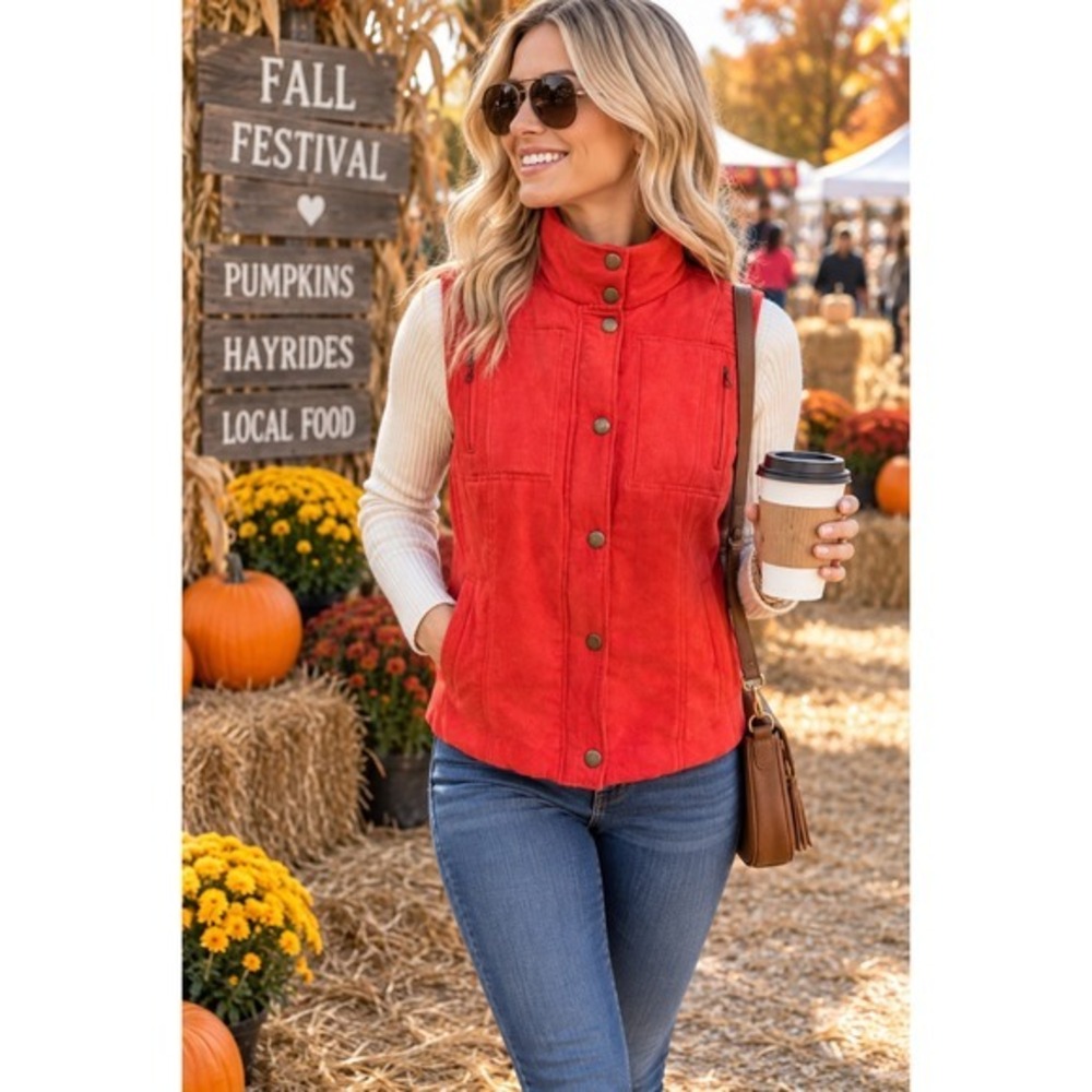 Relativity Faux Suede Utility Orange Vest Women's Full Zip & Snap Layering Piece